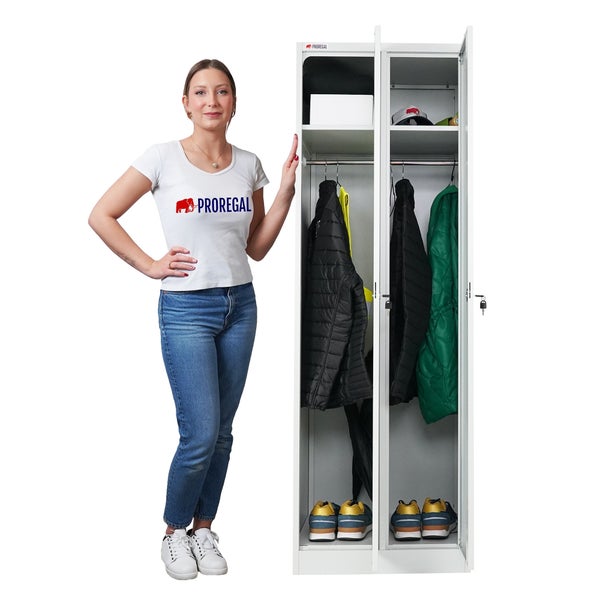 ProRegal Metallspind mit zwei Abteilen, Kleiderstangen und Ablagefächern, gefüllt mit Kleidung und Schuhen.