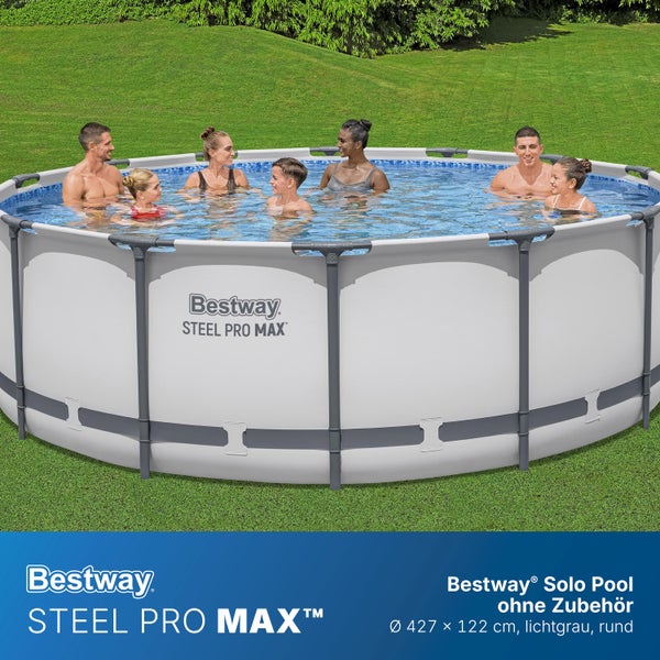 Bestway Steel Pro Max Aufstellpool rund mit Stahlrahmen, Durchmesser 427 mal 122 Zentimeter, lichtgrau, im Garten mit Personen.