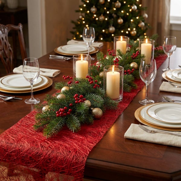 Festlich gedeckter Esstisch mit rotem Tischläufer, Tannengrün, Weihnachtskugeln, Beeren und Stumpenkerzen in Glaszylindern vor einem Weihnachtsbaum.