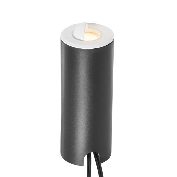 Zylindrische Gartenleuchte aus Metall in Anthrazit mit warmweißer Lichtquelle an der Oberseite.