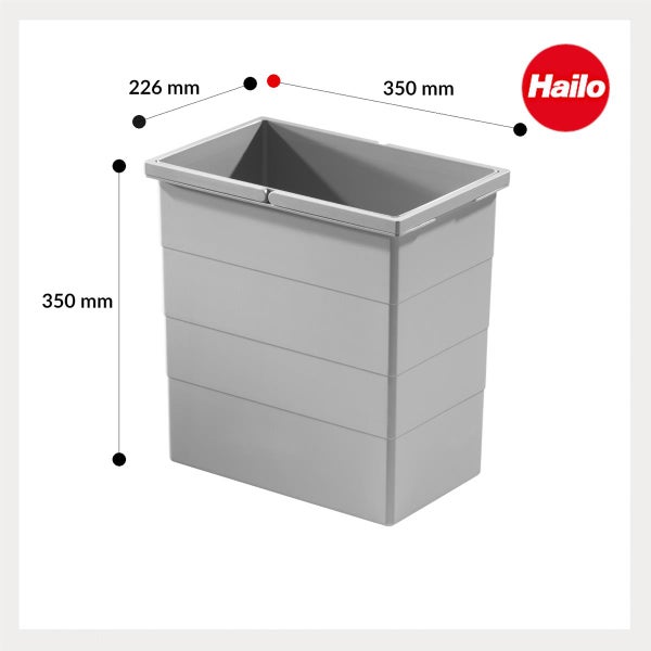 Hailo Abfallbehälter mit Maßen: Höhe 350 Millimeter, Breite 226 Millimeter und Tiefe 350 Millimeter. Hailo Logo.