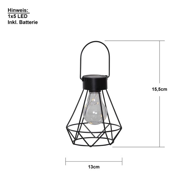 Dekorative Solarlaterne mit LED und Batterie, circa 13 cm breit und 15,5 cm hoch
