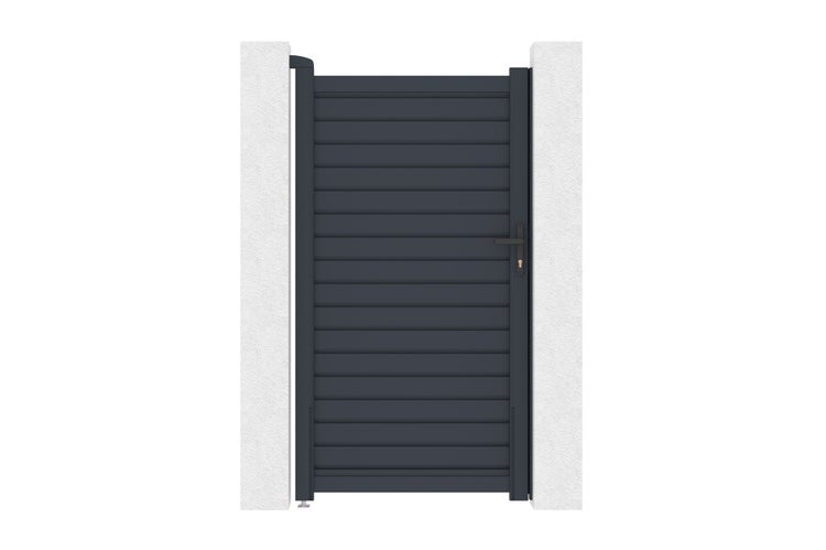 Modernes Gartentor aus Aluminium in Anthrazit mit horizontalen Lamellen, Griff und Schloss, montiert zwischen zwei Pfosten.