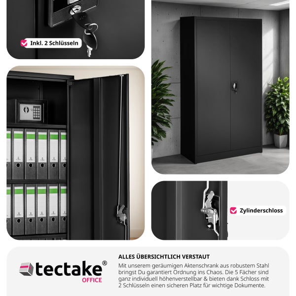 Aktenschrank tectake  180 x 90 x 40 cm aus pulverbeschichtetem Stahl schwarz