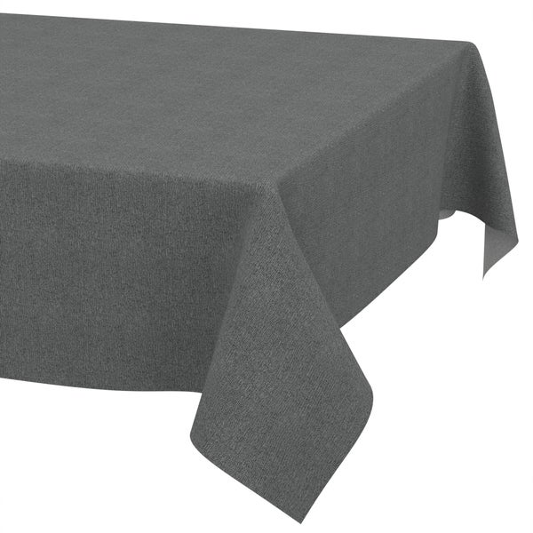 Rechteckige Tischdecke aus grauem strukturiertem Stoff, drapiert über eine Tischecke.