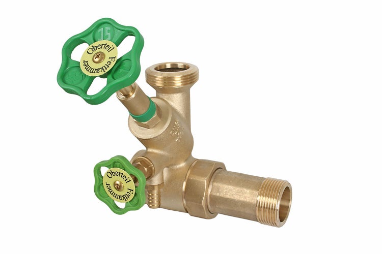 Kombiventil aus Messing mit zwei grünen Handrädern und Fettkammeroberteil für Wasserleitungen.