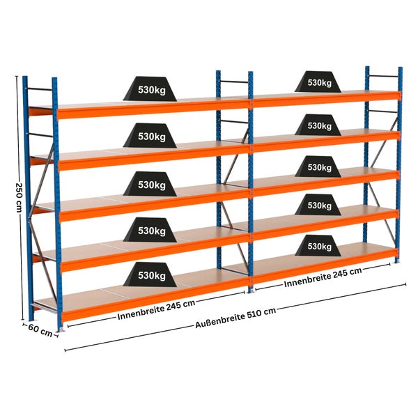 Schwerlastregal mit fünf Ebenen und Maßangaben