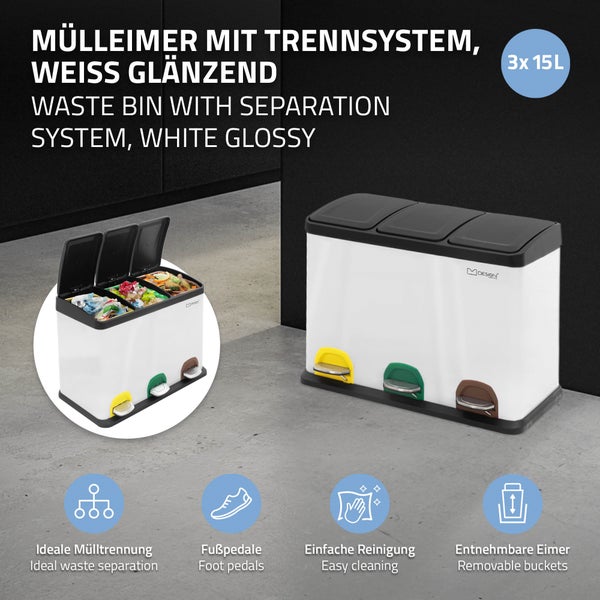 ML-Design Mülleimer Küche 3x 15L (45L), Weiß, Mülltrennsystem 3 Fächer, Treteimer zur Mülltrennung, Abfalleimer aus Stahl mit Inneneimer aus Kunststoff & Klappdeckel, farblicher Kennzeichnung
