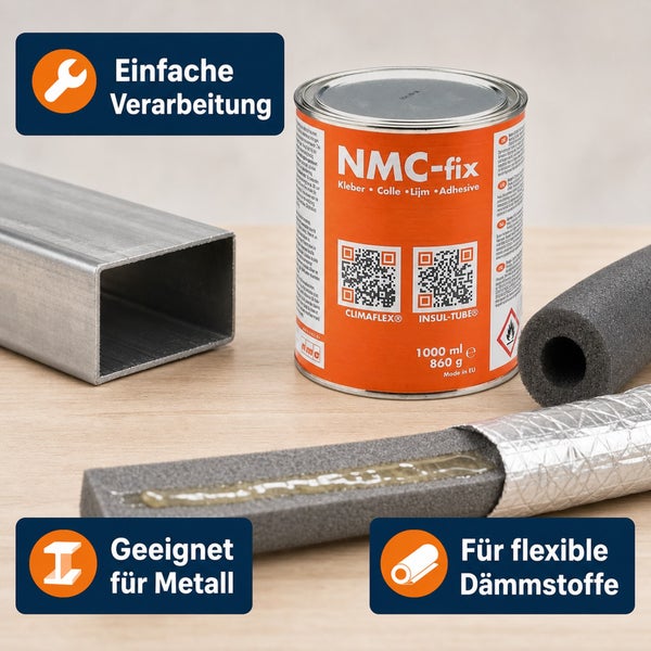 NMC fix Kleber Dose mit 1000 Milliliter für Metall und flexible Dämmstoffe inklusive Anwendungshinweisen für einfache Verarbeitung