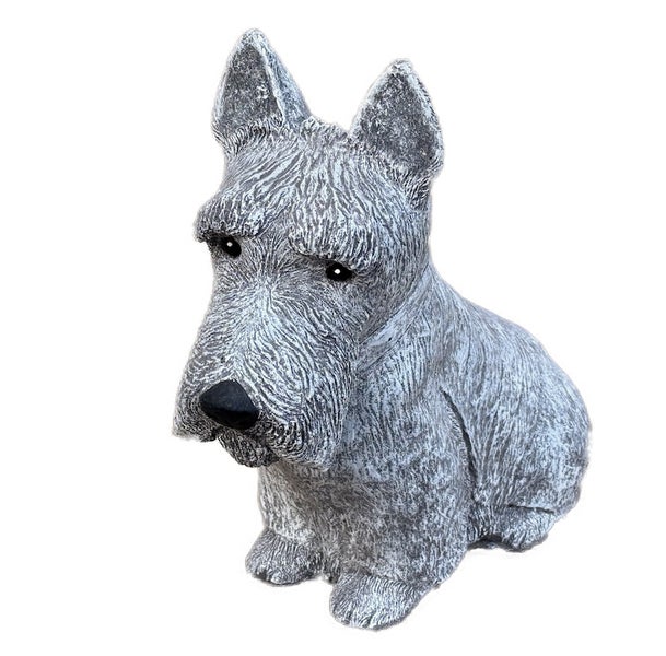 Gartenfigur Hund aus Steinguss in Steinoptik, sitzender Terrier mit detailreichem Fell.