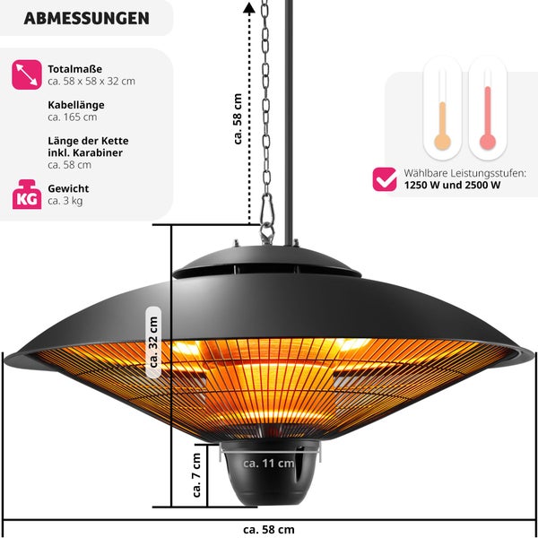 Infrarotheizstrahler tectake Solaris Orbit einfache Montage, 58 x 58 x 32 cm 2 Leistungsstufen, 1250 und 2500 W schwarz