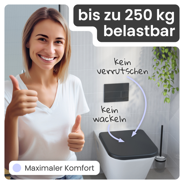 Badezimmer Szene mit stabilen und komfortablen WC, das bis zu 250 Kilogramm belastbar ist.