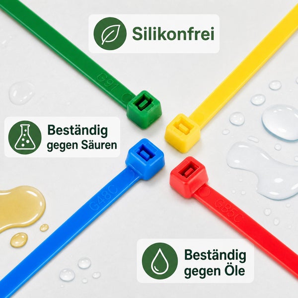 Vier farbige Kabelbinder aus Kunststoff mit Symbolen für Silikonfreiheit, Säurebeständigkeit und Ölbeständigkeit.