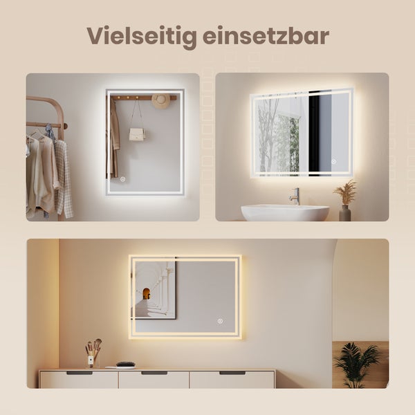 EMKE Badspiegel mit Beleuchtung, LED-Spiegel mit Touchschalter und Sensor, Anti-Beschlag, 80 x 60 cm, Kaltweiß/Warmweiß/Neutralweiß