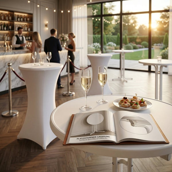 Heller Raum mit weißen Stehtischen und Stretch-Hussen. Vorne ein Tisch mit Prospekt zur platzsparenden Lagerung, Sektgläsern und Snacks.