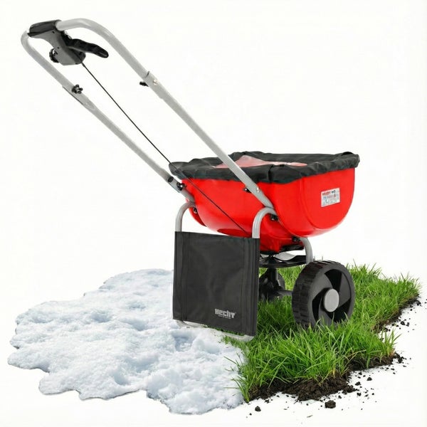 Streuwagen mit Handgriff, Behälter und Rädern zur Ausbringung von Saatgut oder Dünger