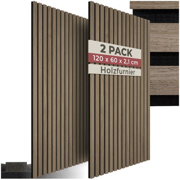 Zwei Akustikpaneele aus Holzfurnier, 120 mal 60 mal 2,1 Zentimeter, Wandpaneele mit vertikalen Holzlamellen.
