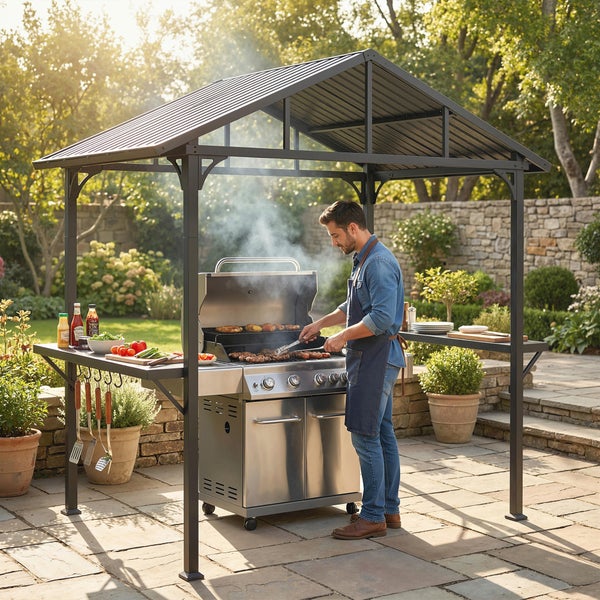 Grill-Pavillon über einem Gasgrill im Garten mit Maßen: Höhe 2,48 Meter, Durchgangshöhe 1,9 Meter, Breite 2,52 Meter und Tiefe 1,56 Meter.