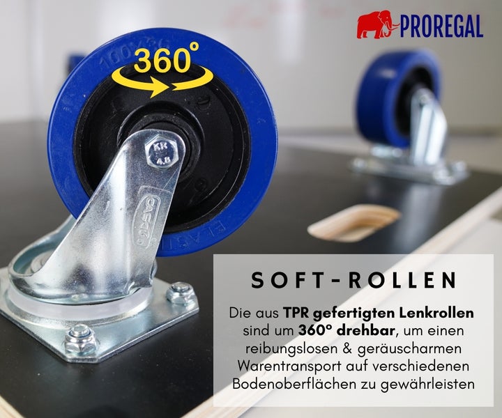Proregal Logo. Lenkrollen aus thermoplastischem Gummi sind um 360 Grad drehbar für einen reibungslosen Transport auf verschiedenen Böden.