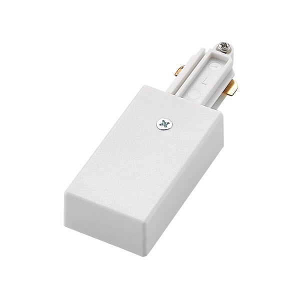 Weiße Endeinspeisung für Stromschienensystem aus Kunststoff mit Metallkontakten.