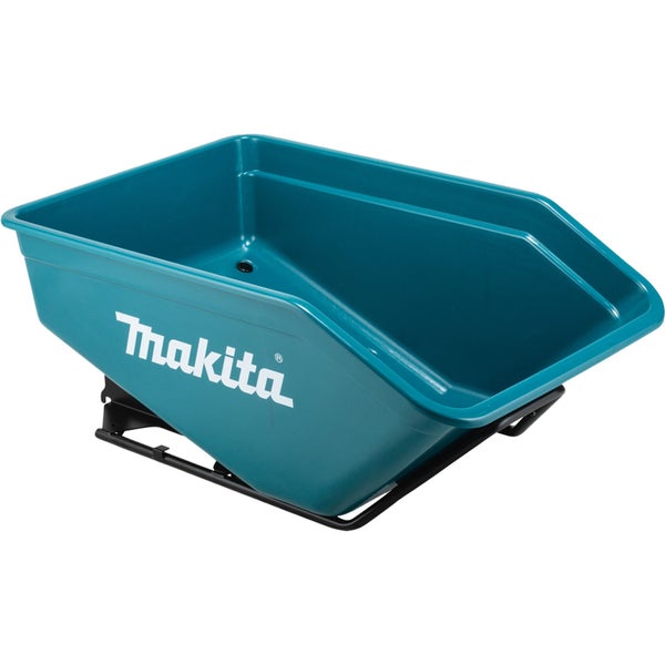 Makita Kunststoffmulde in Petrol für Akkumulator-Schubkarre auf schwarzem Metallrahmen.