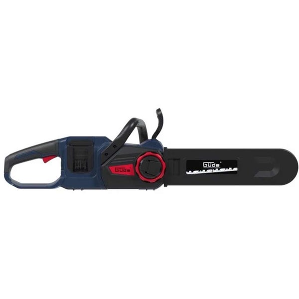 Akku-Kettensäge von Güde mit blauem und schwarzem Gehäuse sowie Schwertschutz.