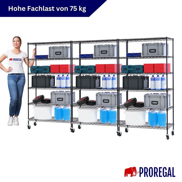 Proregal Metallregal auf Rollen mit drei Sektionen und einer Fachlast von 75 Kilogramm pro Boden, beladen mit Boxen. Proregal Logo.