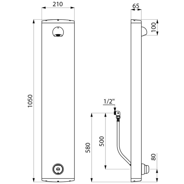 Technische Zeichnung eines Duschpaneels mit Maßangaben in Millimeter. Höhe 1050 Millimeter, Breite 210 Millimeter, Tiefe 65 Millimeter.