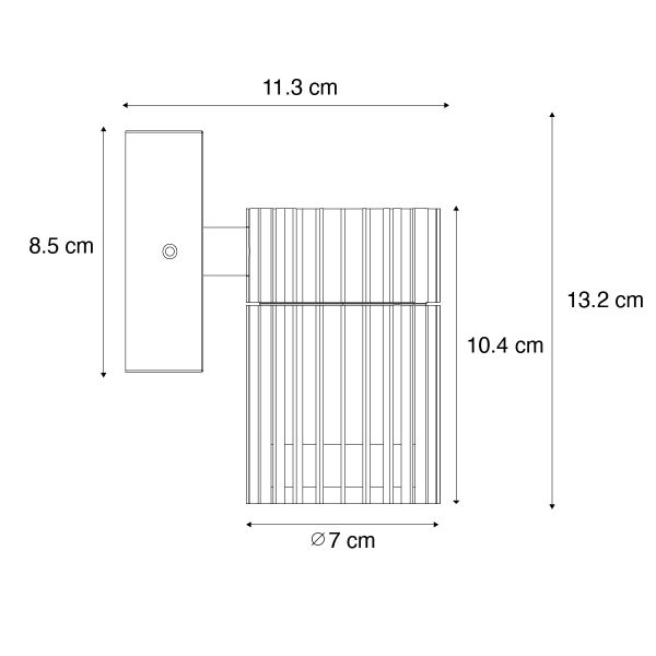 Maßzeichnung einer Wandleuchte mit den Maßen: Breite 11,3 Zentimeter, Gesamthöhe 13,2 Zentimeter und Durchmesser 7 Zentimeter.