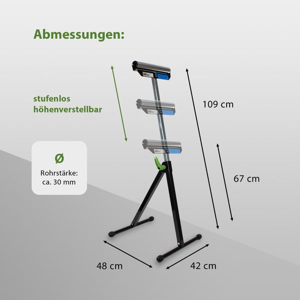 Abmessungen eines stufenlos höhenverstellbaren Rohrbocks mit einer Rohrstärke von circa 30 mm und einer Höhe von 109 cm.