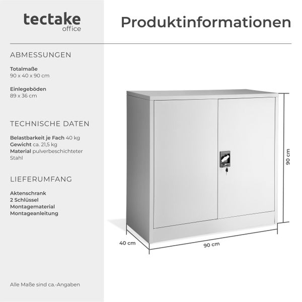Tectake Aktenschrank aus pulverbeschichtetem Stahl mit zwei Türen und Schlüssel
