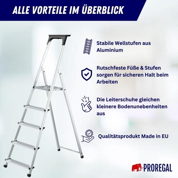 Stufenstehleiter ATLAS mit Werkzeugablage einseitig begehbar 5 Stufen Arbeitshöhe 2,97m Traglast 125kg