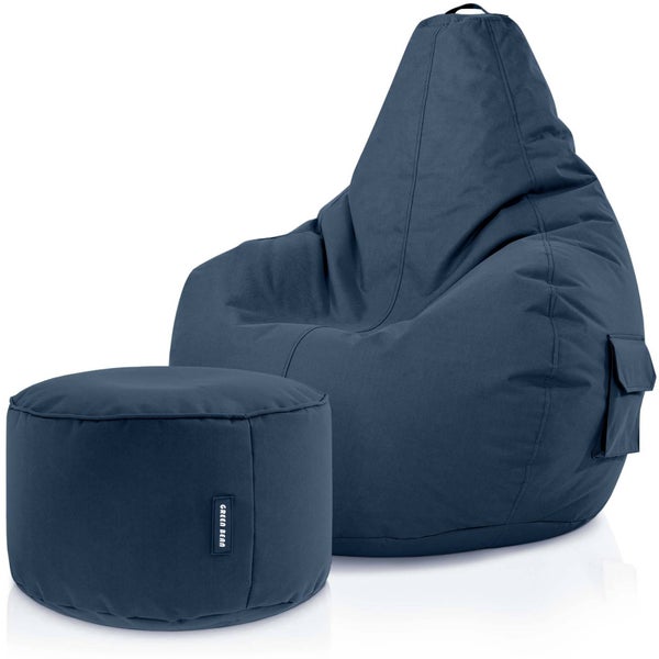 Green Bean© 2er Set Sitzsack + Hocker - fertig befüllt - robust waschbar schmutzabweisend - Kinder & Erwachsene Bean Bag Bodenkissen Lounge Sitzhocker Relax-Sessel Gamer Gamingstuhl Pouf - Dunkelblau