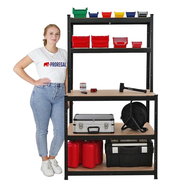 PROREGAL Mega Deal 5x Profi Werkbank GIANT BEAST HxBxT 180x100x60cm Fachlast 175kg Schwarz, Werkbankregal, SArbeitstisch