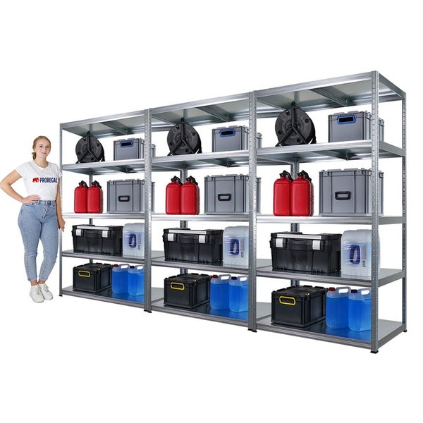 Vollständig gefülltes Metallregal mit fünf Ebenen und einer Frau zur Veranschaulichung der Größe.