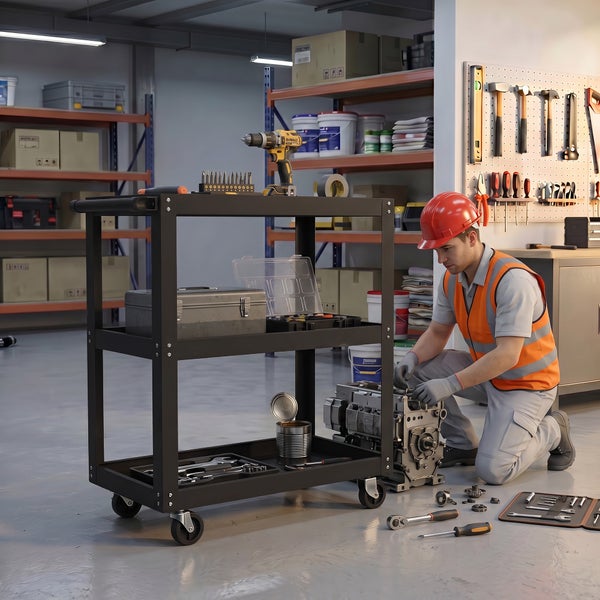 Ein Handwerker mit Sicherheitshelm und Warnweste repariert einen Motor in einer Werkstatt neben einem Werkstattwagen mit diversen Werkzeugen.