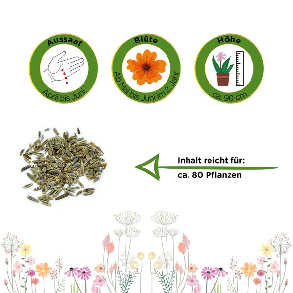 Aussaatzeitraum April bis Juni, Blütezeit Mai bis Juni im zweiten Jahr, Wuchshöhe circa 90 cm. Inhalt reicht für circa 80 Pflanzen.