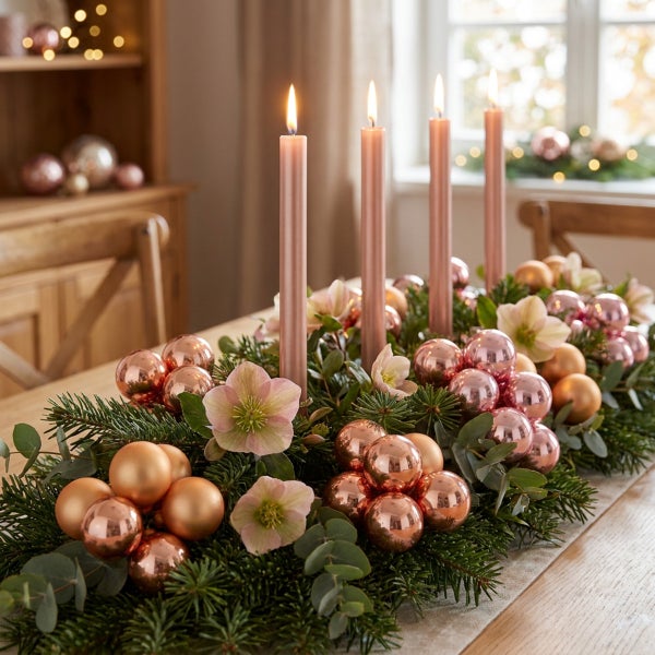 Festlicher Adventskranz mit vier brennenden Stabkerzen, dekoriert mit Tannen-Zweigen, Christbaumkugeln und Christrosen auf einem Holztisch.
