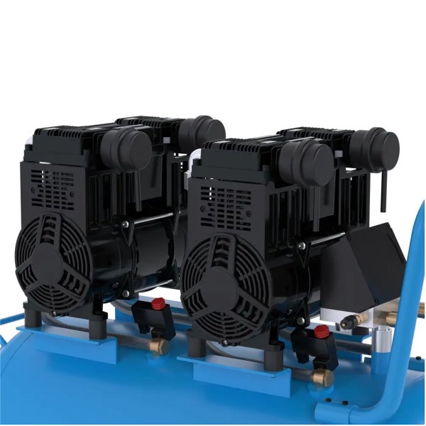 Blauer Druckluftkompressor mit zwei schwarzen Motoren.