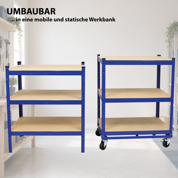 Zwei Regalmodule, umbaubar als statische Werkbank oder als mobile Werkbank mit Rollen.