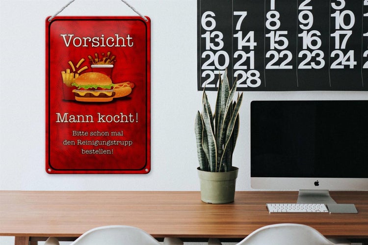 Blechschild Spruch 20x30cm Vorsicht Mann kocht bitte