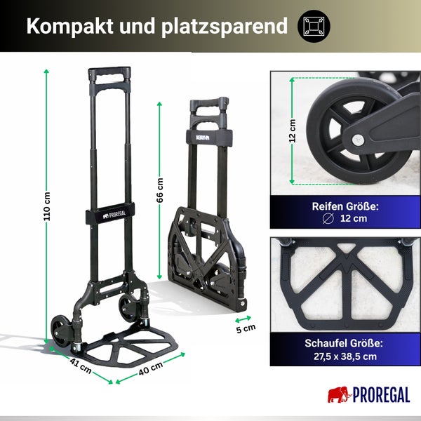 Klappbare Sackkarre von Proregal, Maße 110 mal 41 mal 40 Zentimeter, Schaufel 27,5 mal 38,5 Zentimeter. Proregal Logo. Symbol für Kompaktheit.