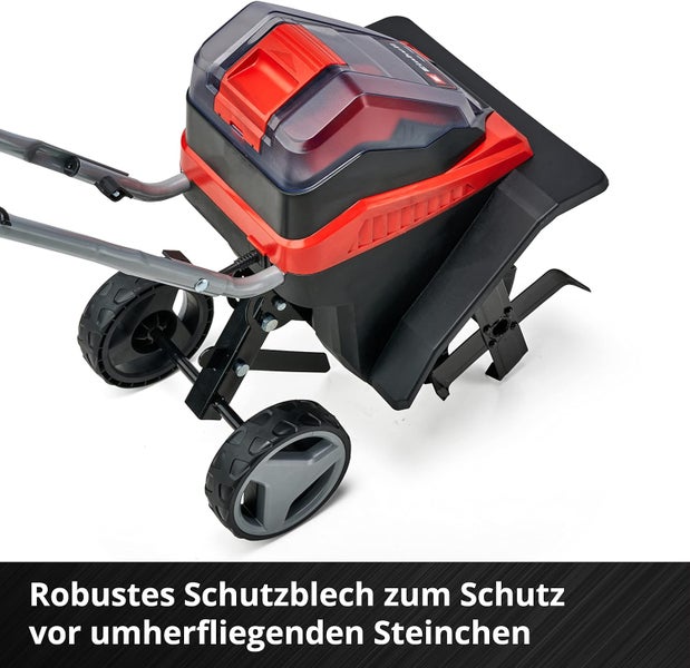 Batteriebetriebene Bodenhacke mit Rädern, robustem Schutzblech zum Schutz vor umherfliegenden Steinchen und Einhell Logo.