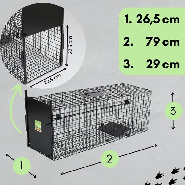 Lebendfalle mit den Maßen 26,5 cm x 79 cm x 29 cm