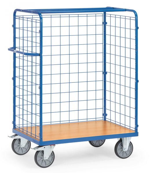 Blauer Gitterwagen mit Holzplatte und Rollen