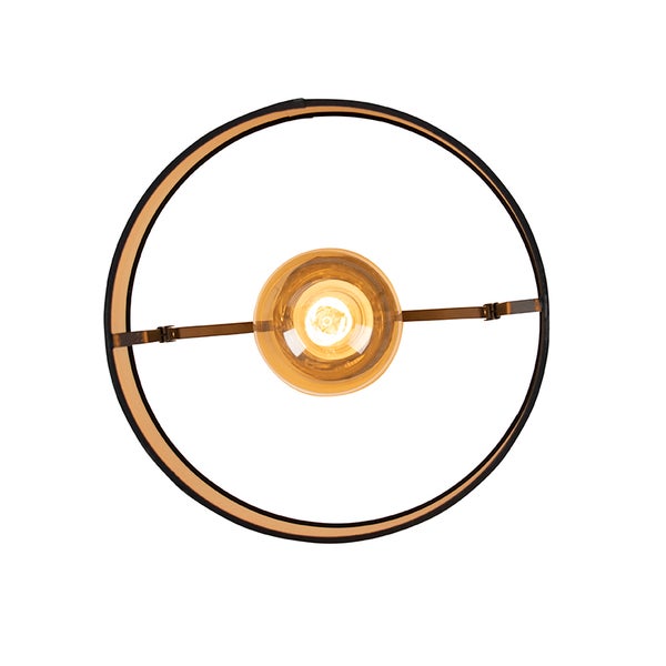 Runde Deckenleuchte mit schwarzem Metallrahmen und zentralem Leuchtmittel in der Ansicht von unten.