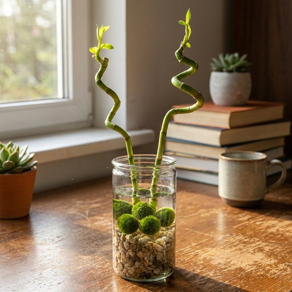 Zwei spiralförmige Glücksbambus-Stiele und Marimo-Moosbälle in einem Glasgefäß mit Kies und Wasser auf einem Holztisch.