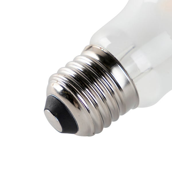 Detailaufnahme eines Leuchtmittelsockels mit einem E27 Schraubgewinde aus Metall.