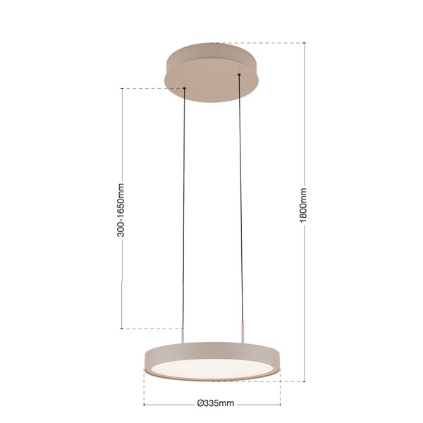 Technische Zeichnung einer Hängeleuchte mit den Maßen Durchmesser 335 mm und Höhe 300 bis 1650 mm.