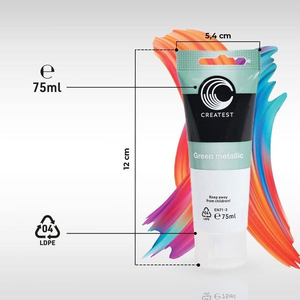Createst Acrylfarbe Green metallic 75 Milliliter Tube, Abmessungen 12 Zentimeter hoch, 5,4 Zentimeter breit, LDPE 04 Recyclingzeichen.